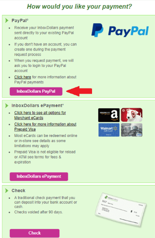 inboxdollars payout options