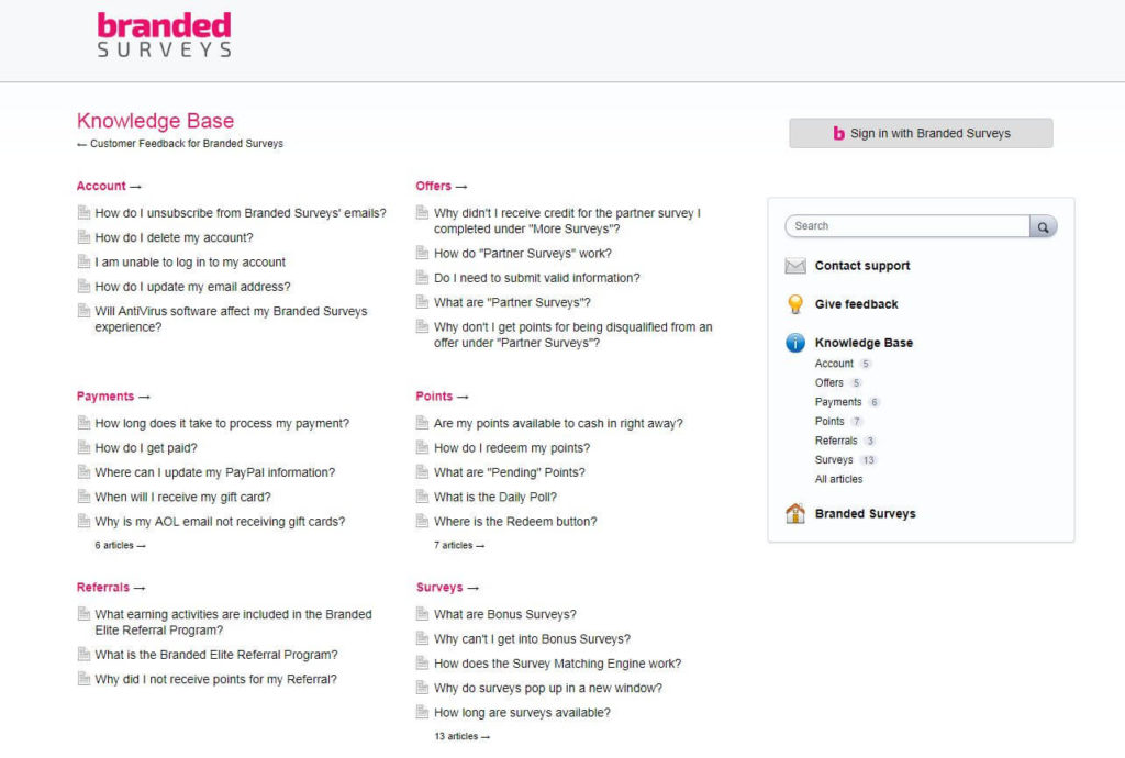 Branded Surveys knowledge base support