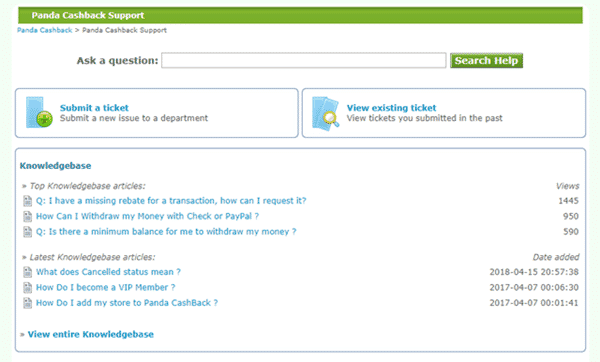 panda cash back support