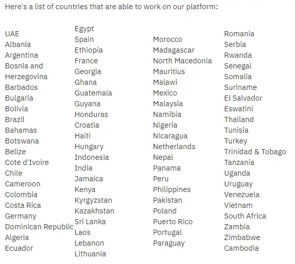 A list of countries where Remotasks is available