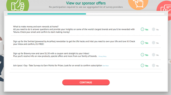 surveys2cash sponsor offers