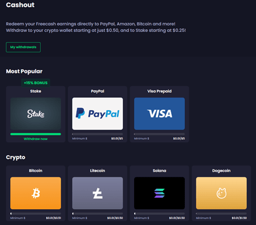 payout options of freecash