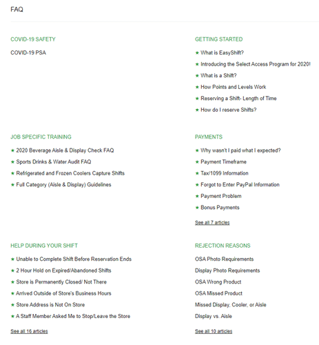 support page of easyshift