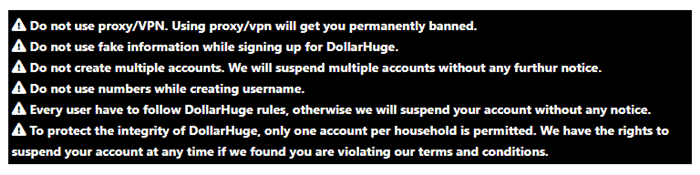 conditions for signing up on dollarhuge
