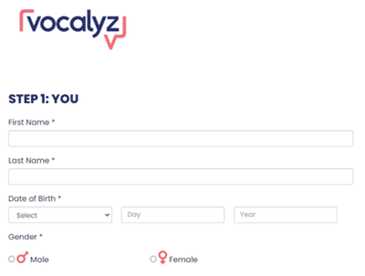 sign up form of vocalyz