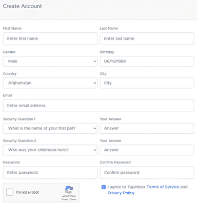 tapinbox registration form