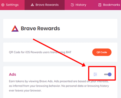 enabling ads on brave rewards