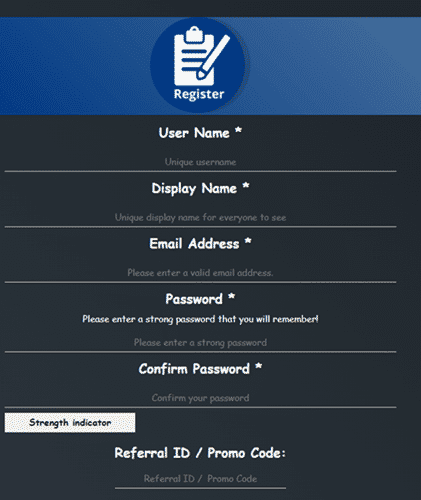 sign up form of coinspiller