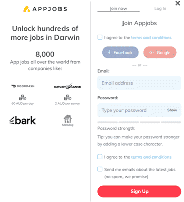 sign up form of appjobs