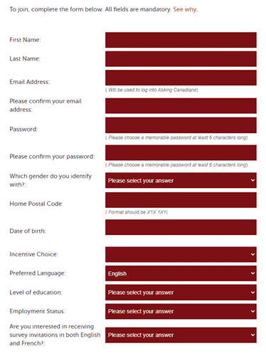 sign up form of askingcanadians