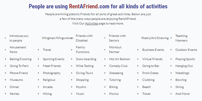 examples of activities on rentafriend