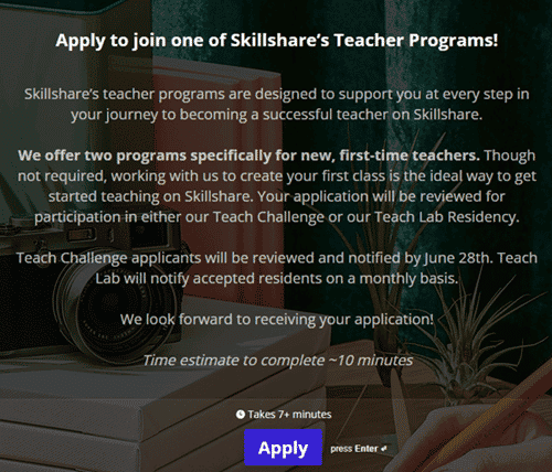 applying to become a teacher on skillshare
