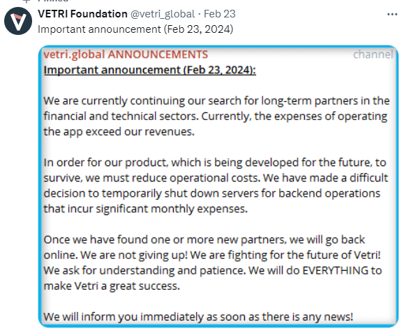 vetri twitter post about temporary down