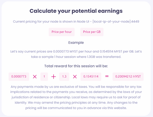 mysterium node pricing