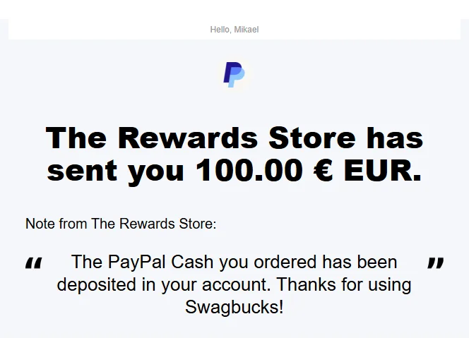 PayPal payment from Swagbucks to Mikael