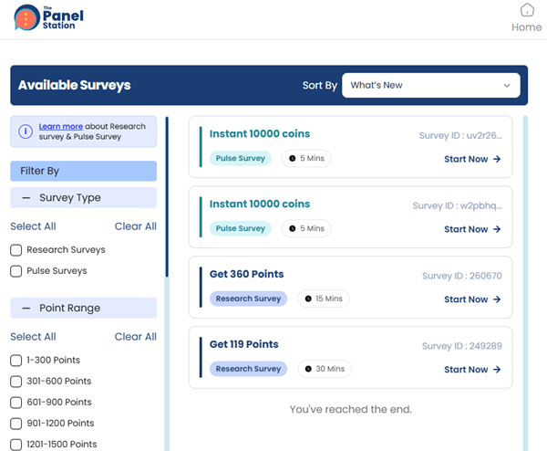 The available surveys in my The Panel Station account: Pulse surveys that pay 10,000 coins and Research surveys that pay points